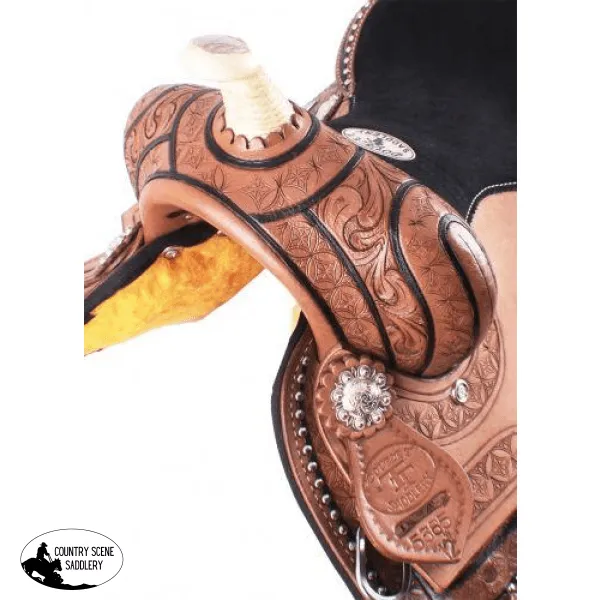 12" Double T Youth Barrel Style Saddle with hand floral tooling.