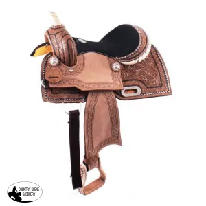 12" Double T Youth Barrel Style Saddle with hand floral tooling.