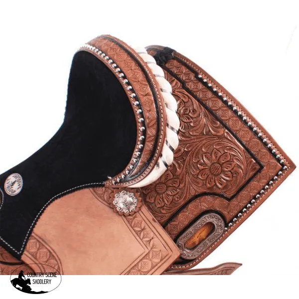 12" Double T Youth Barrel Style Saddle with hand floral tooling.
