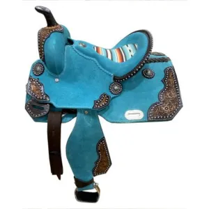 13" DOUBLE T TEAL ROUGH OUT BARREL STYLE SADDLE WITH SOUTHWEST PRINTED INLAY