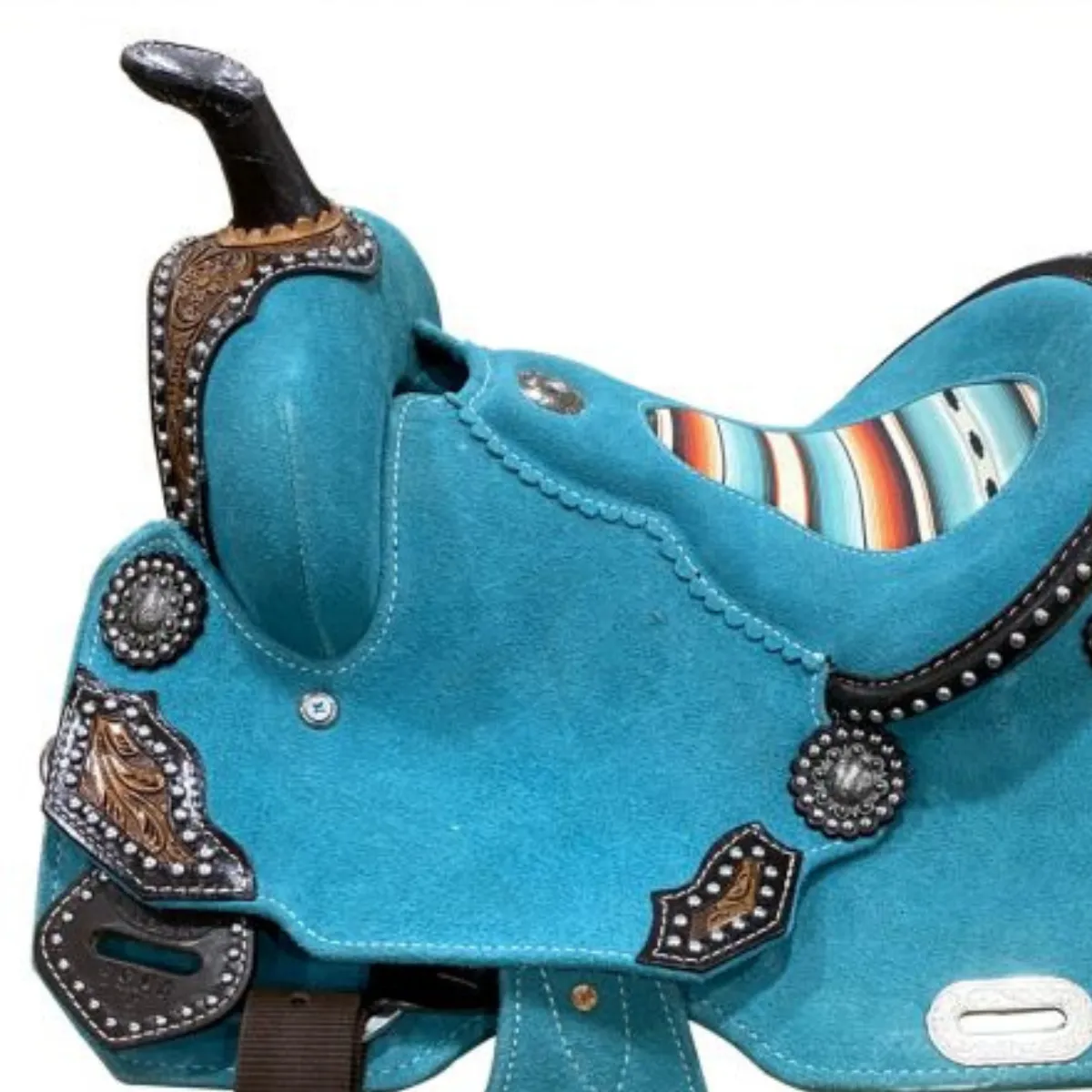 13" DOUBLE T TEAL ROUGH OUT BARREL STYLE SADDLE WITH SOUTHWEST PRINTED INLAY