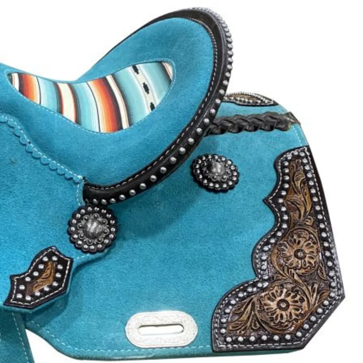 13" DOUBLE T TEAL ROUGH OUT BARREL STYLE SADDLE WITH SOUTHWEST PRINTED INLAY