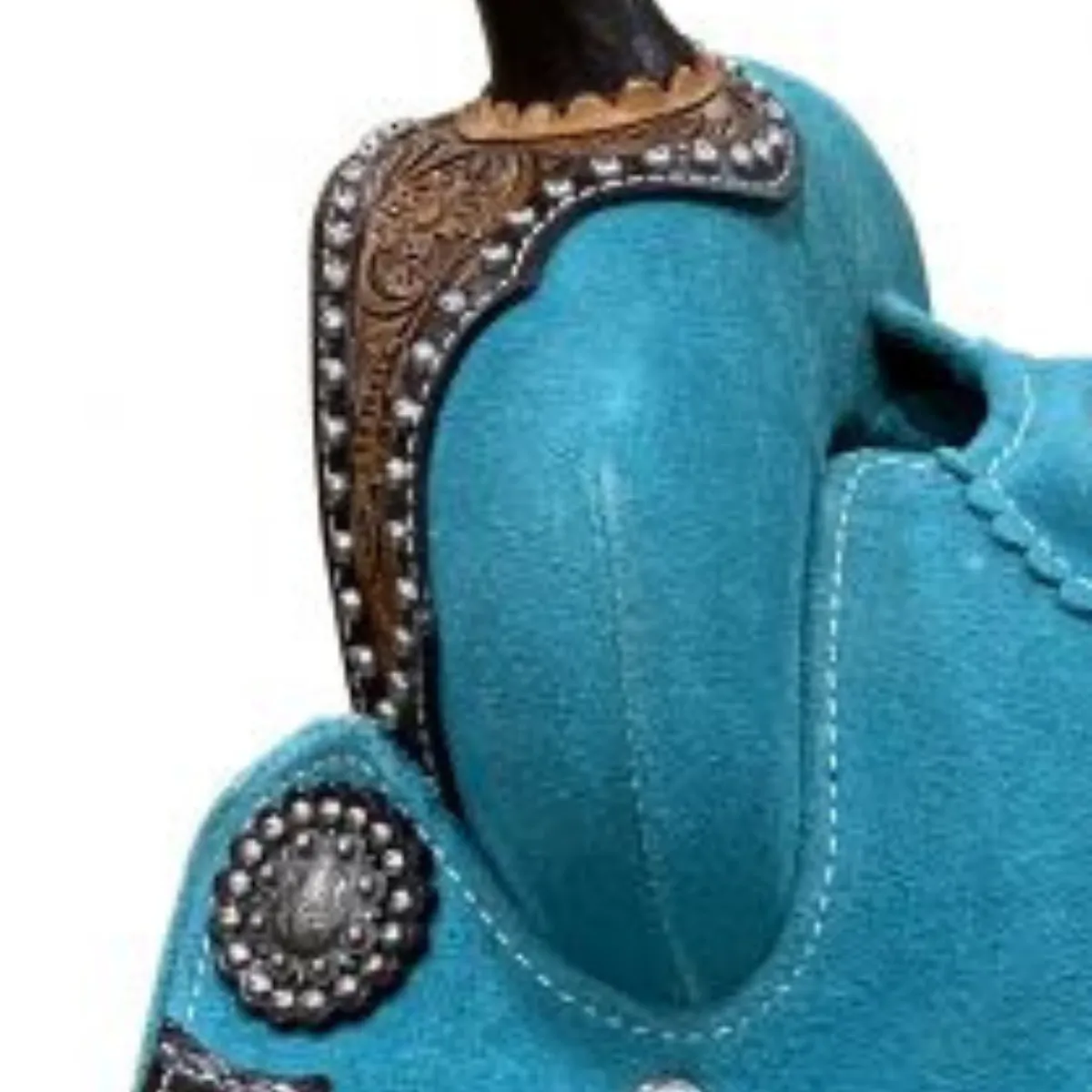 13" DOUBLE T TEAL ROUGH OUT BARREL STYLE SADDLE WITH SOUTHWEST PRINTED INLAY