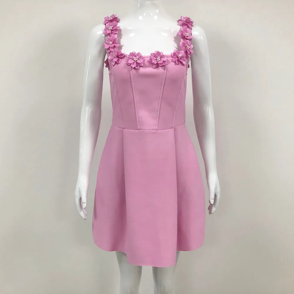 3D FLOWER NECK MINI DRESS IN PINK