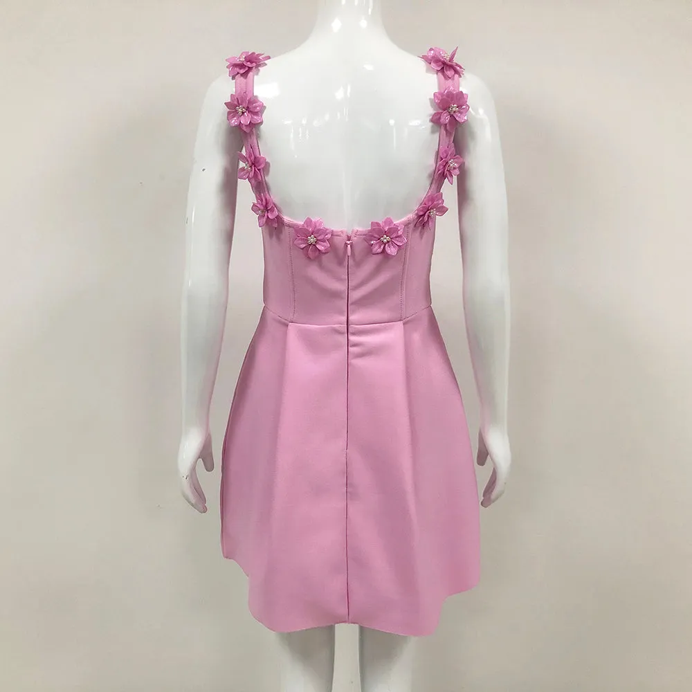 3D FLOWER NECK MINI DRESS IN PINK
