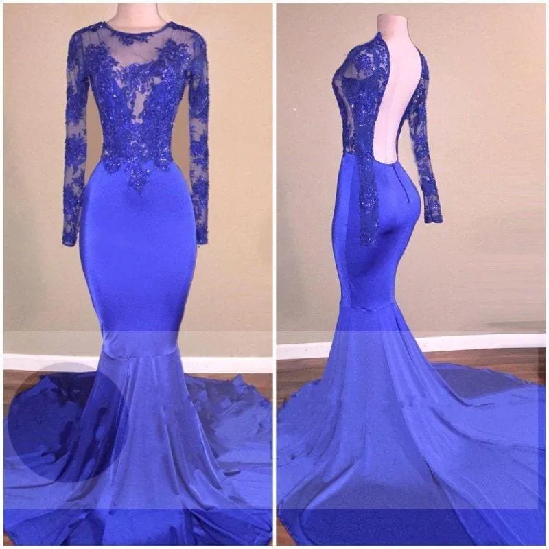 A| Bridelily Sexy Backless Royal-Blue Long-Sleeves Beaded Mermaid Prom Dresses