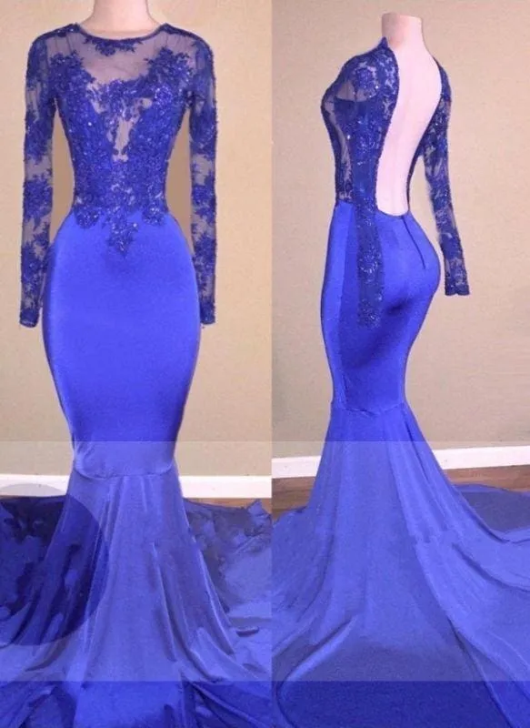 A| Bridelily Sexy Backless Royal-Blue Long-Sleeves Beaded Mermaid Prom Dresses