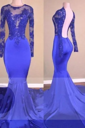 A| Bridelily Sexy Backless Royal-Blue Long-Sleeves Beaded Mermaid Prom Dresses