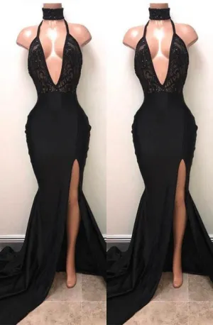 A| Bridelily Sexy Black Mermaid Prom Dress | 2019 V-Neck Evening Dress With Slit