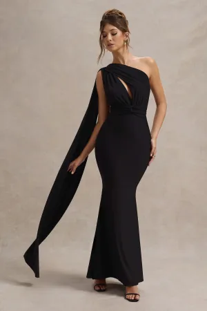 Akira | Black Asymmetric Knot Maxi Dress With Sash