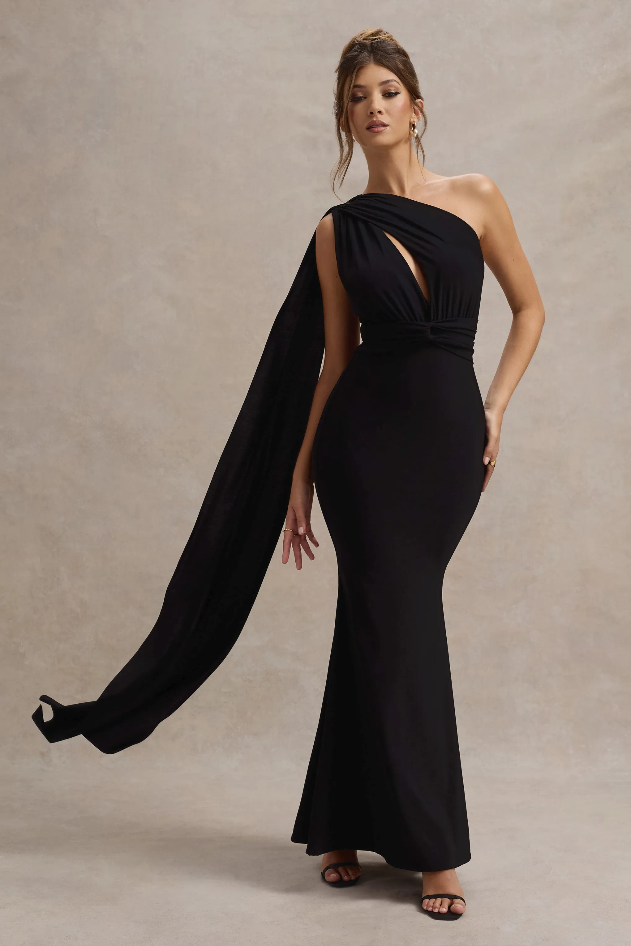 Akira | Black Asymmetric Knot Maxi Dress With Sash