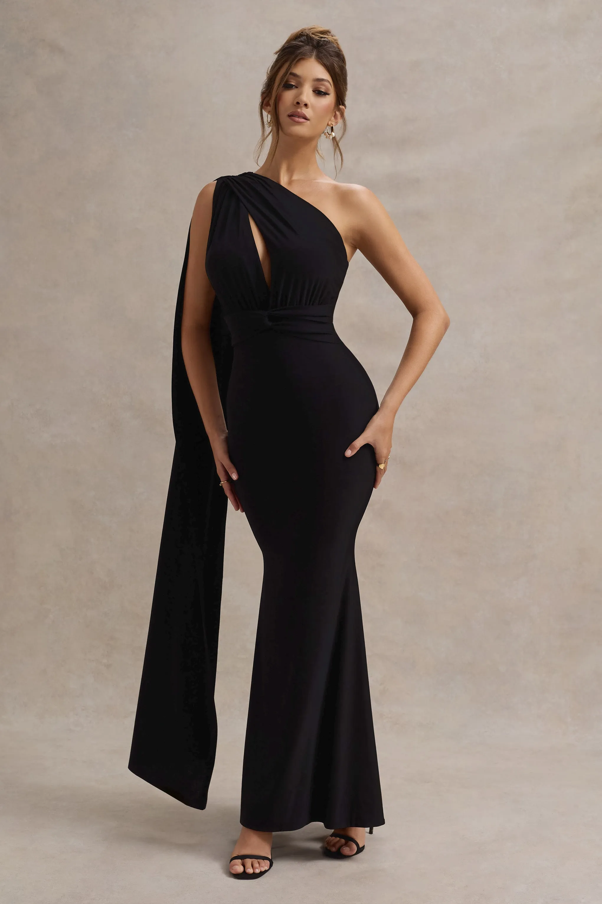 Akira | Black Asymmetric Knot Maxi Dress With Sash