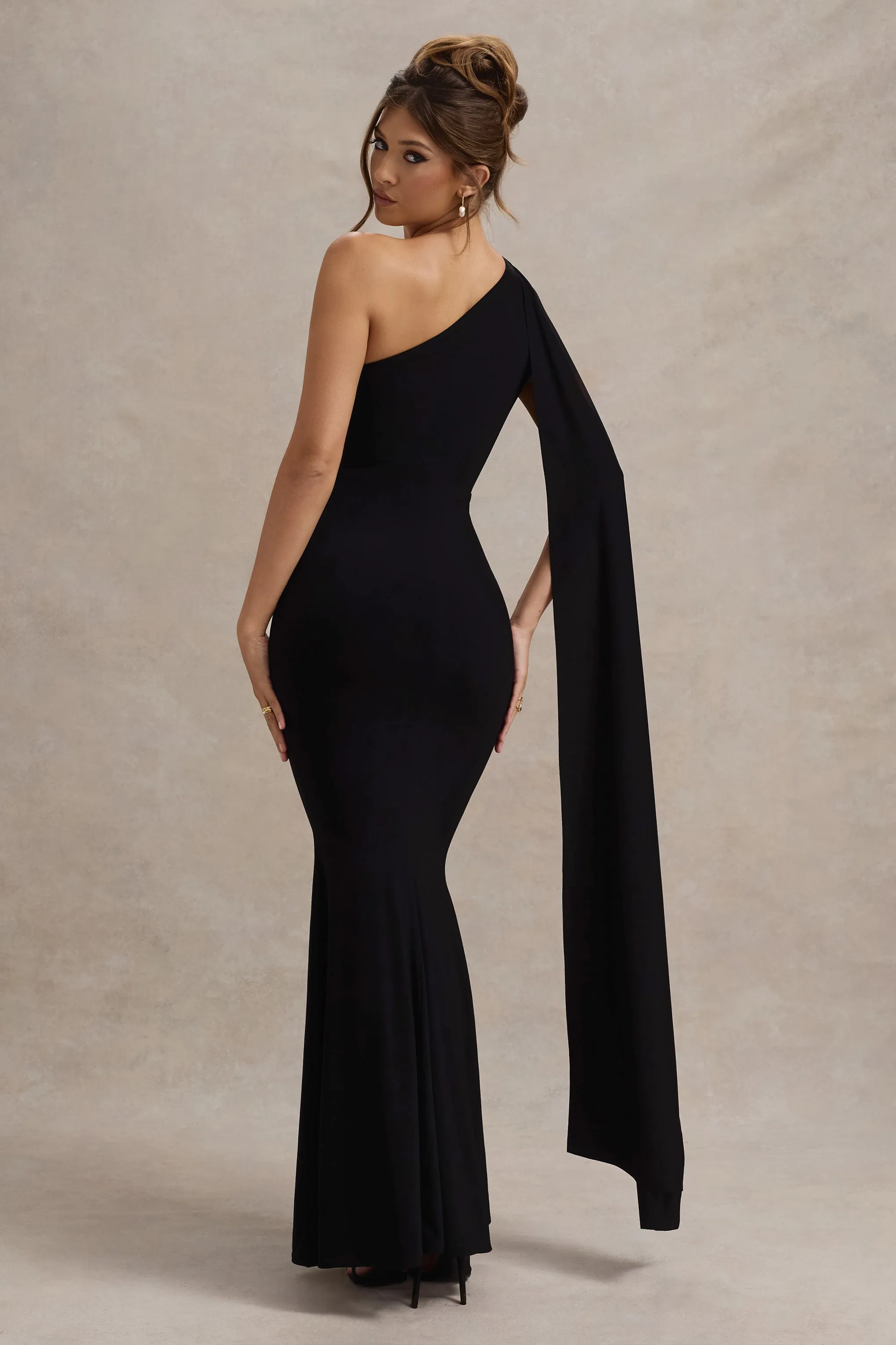 Akira | Black Asymmetric Knot Maxi Dress With Sash