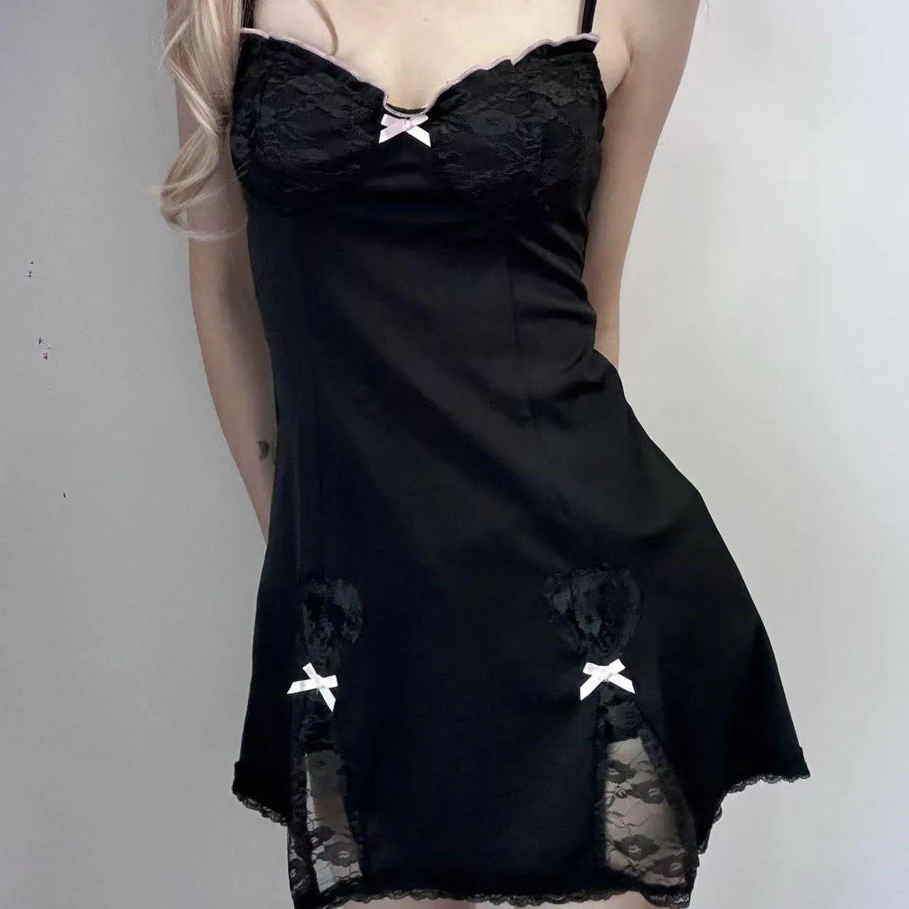 Black Lace-Trimmed Heart Detail Mini Dress