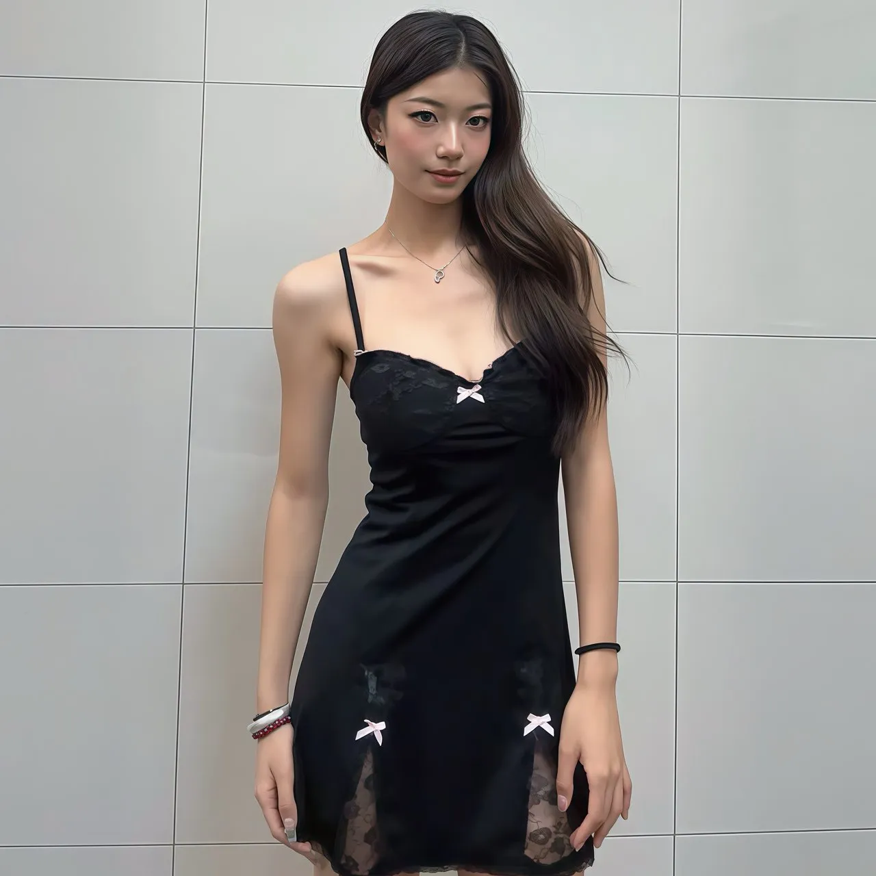 Black Lace-Trimmed Heart Detail Mini Dress