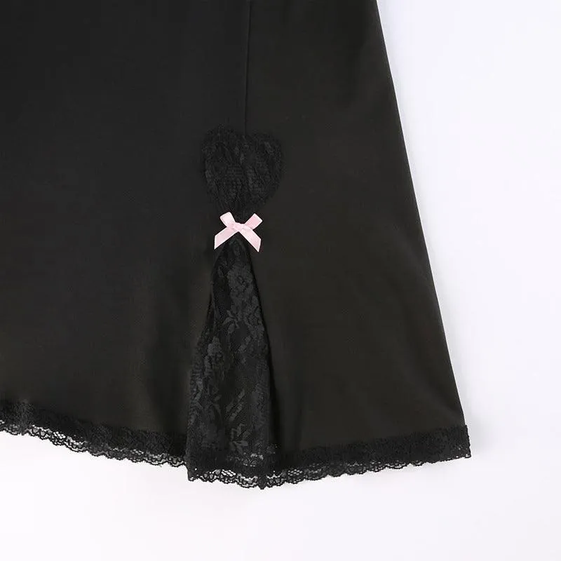 Black Lace-Trimmed Heart Detail Mini Dress
