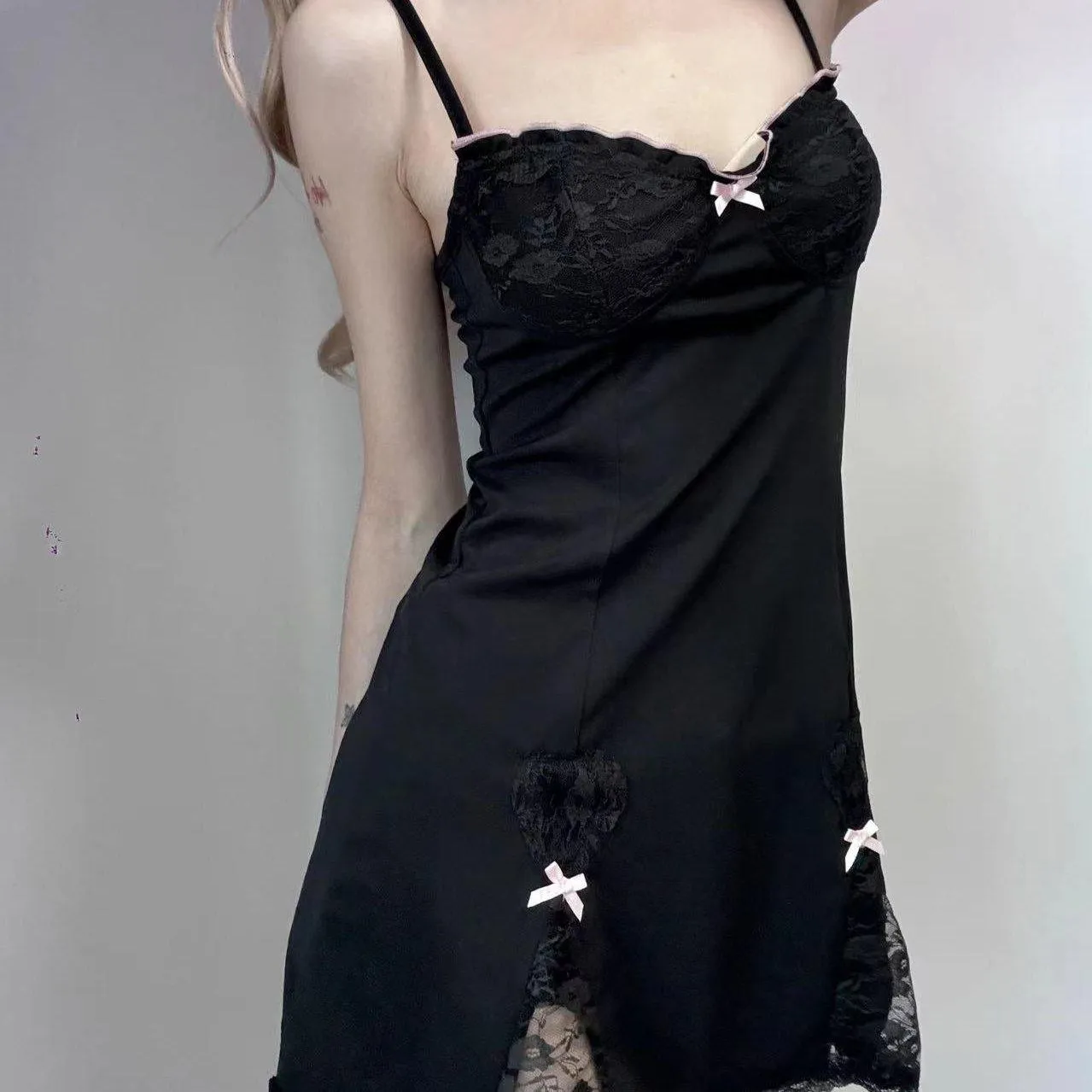 Black Lace-Trimmed Heart Detail Mini Dress