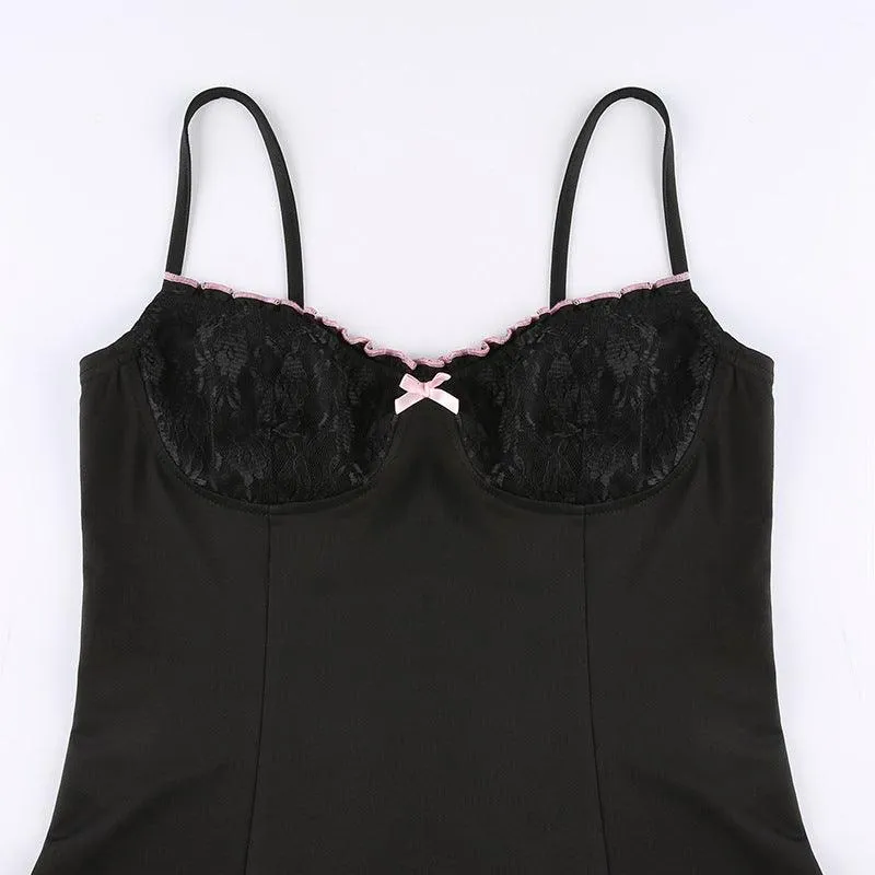 Black Lace-Trimmed Heart Detail Mini Dress