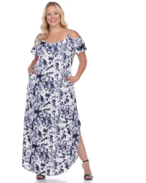 Cold Shoulder Tie-Dye Maxi Dress | Navy/White