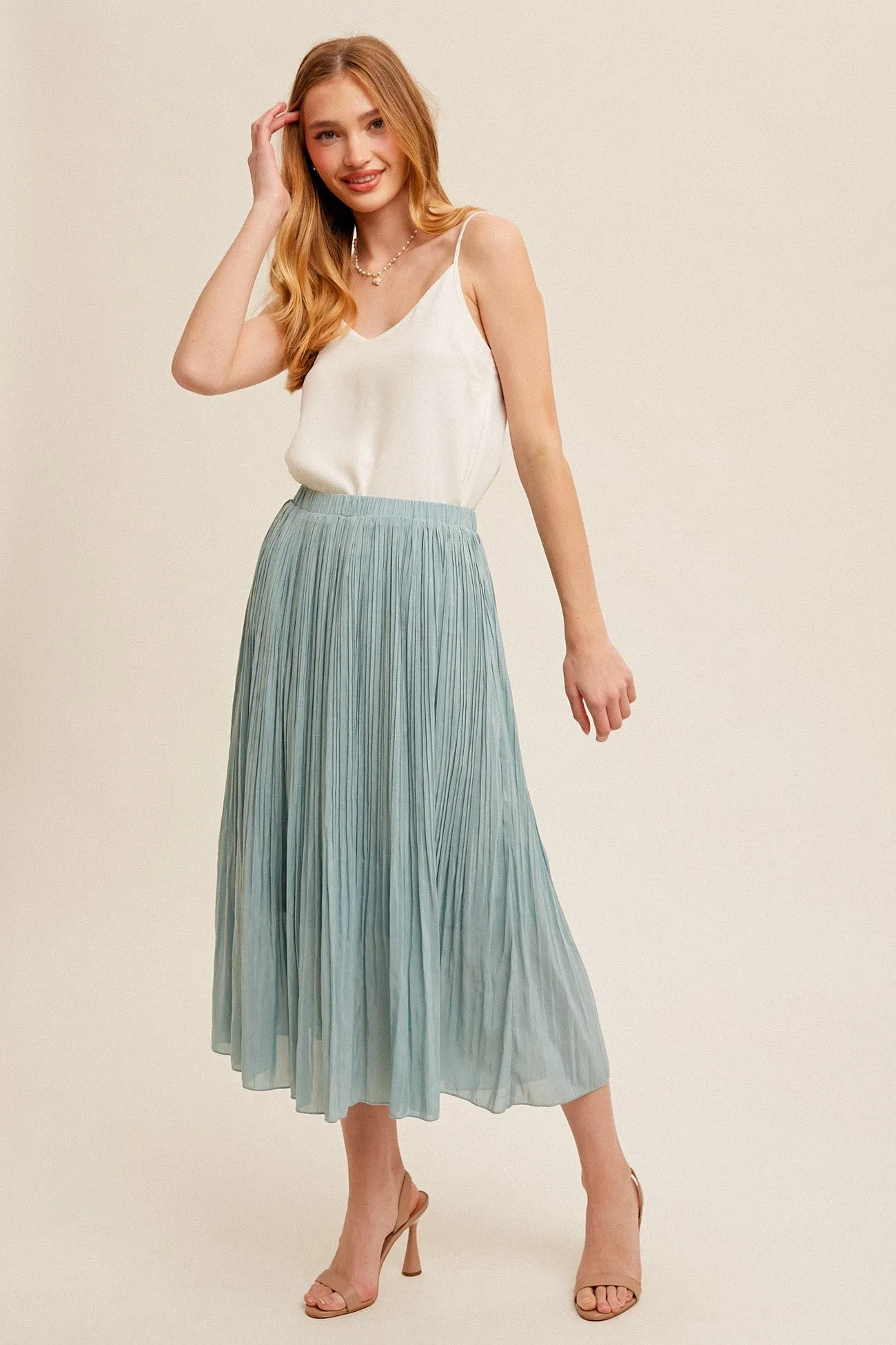 Elastic Waist Pleated Midi Skirt