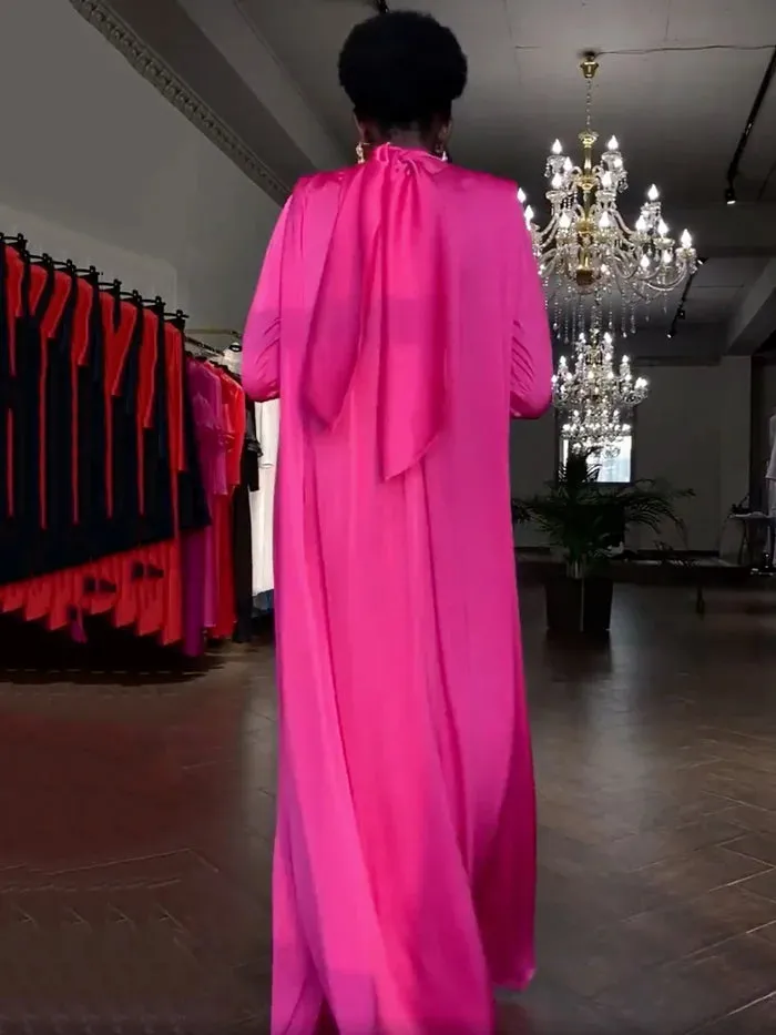 Flared Sleeves Long Sleeves Solid Color High-Neck Maxi Dresses  125662