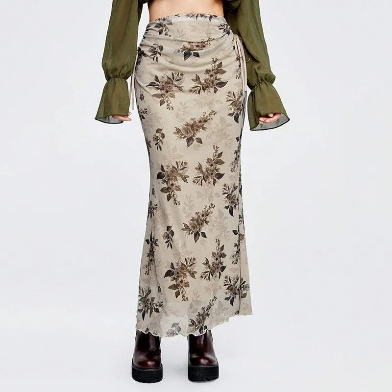 Floral Drawstring Trumpet Skirt