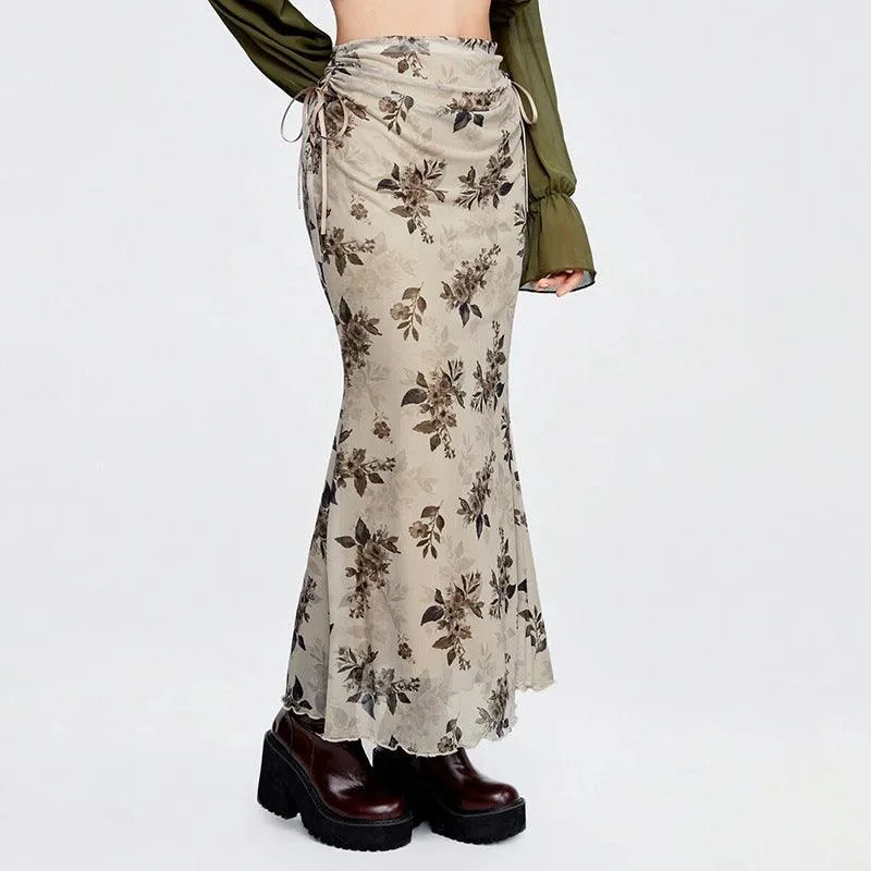 Floral Drawstring Trumpet Skirt