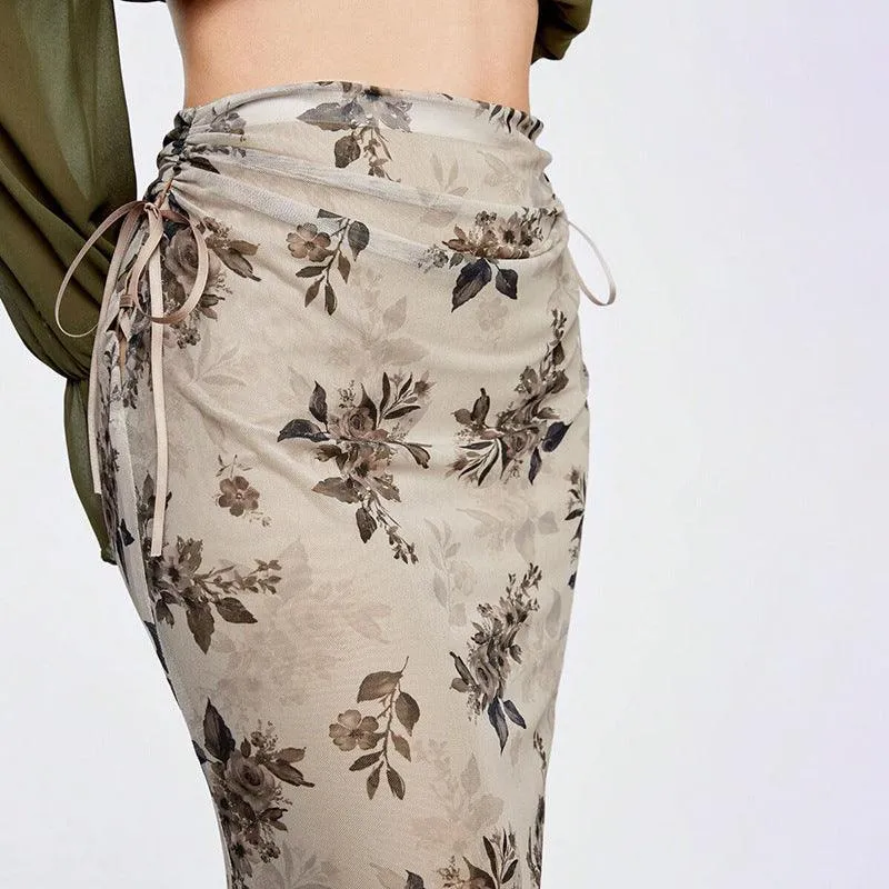 Floral Drawstring Trumpet Skirt