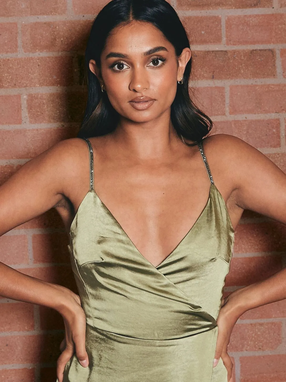 IMPERFECT Diamante Strap Maxi Satin Dress / Olive Green