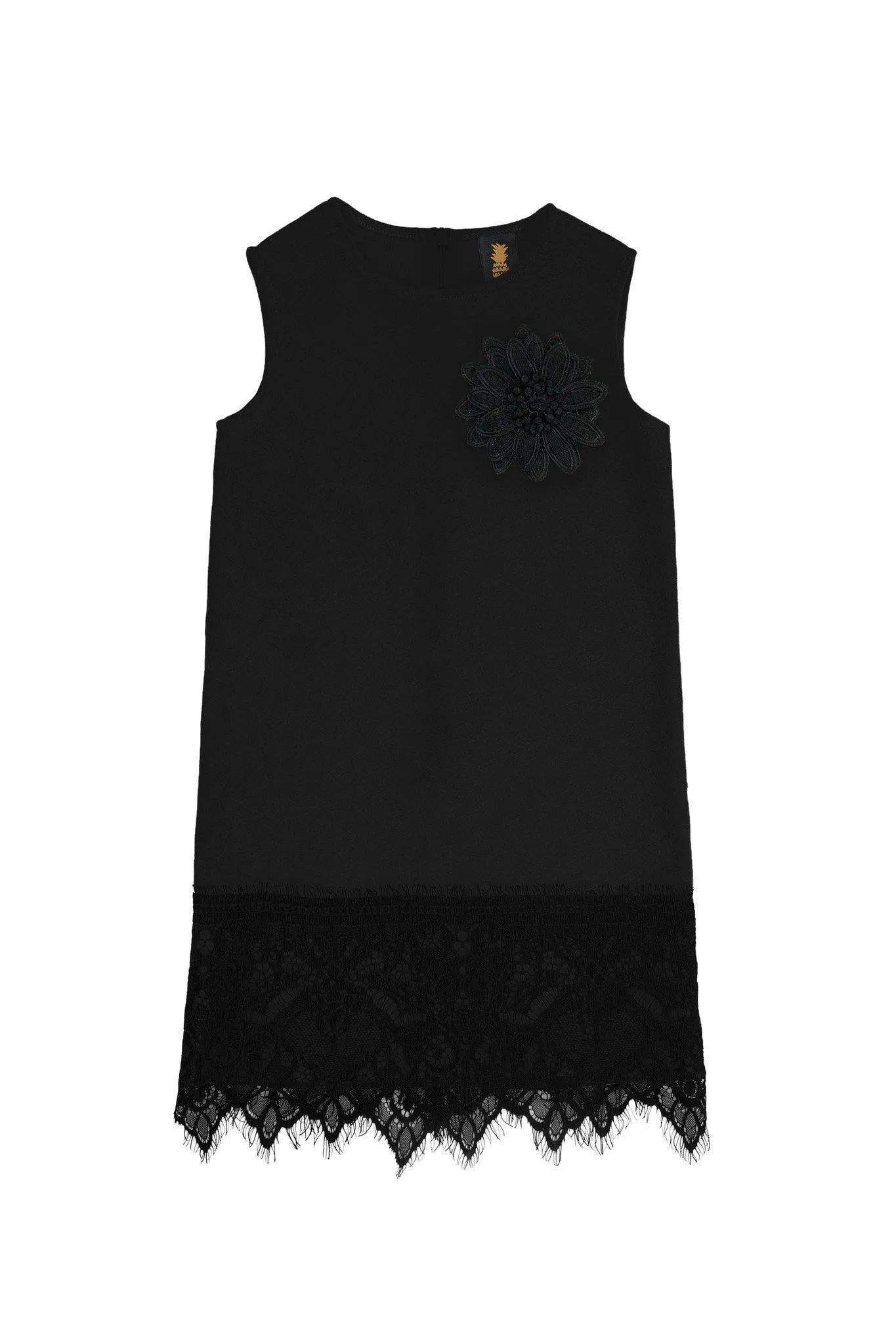 Onyx Black Stretchy Sleeveless Party Shift Dress with Lace Trim Girls