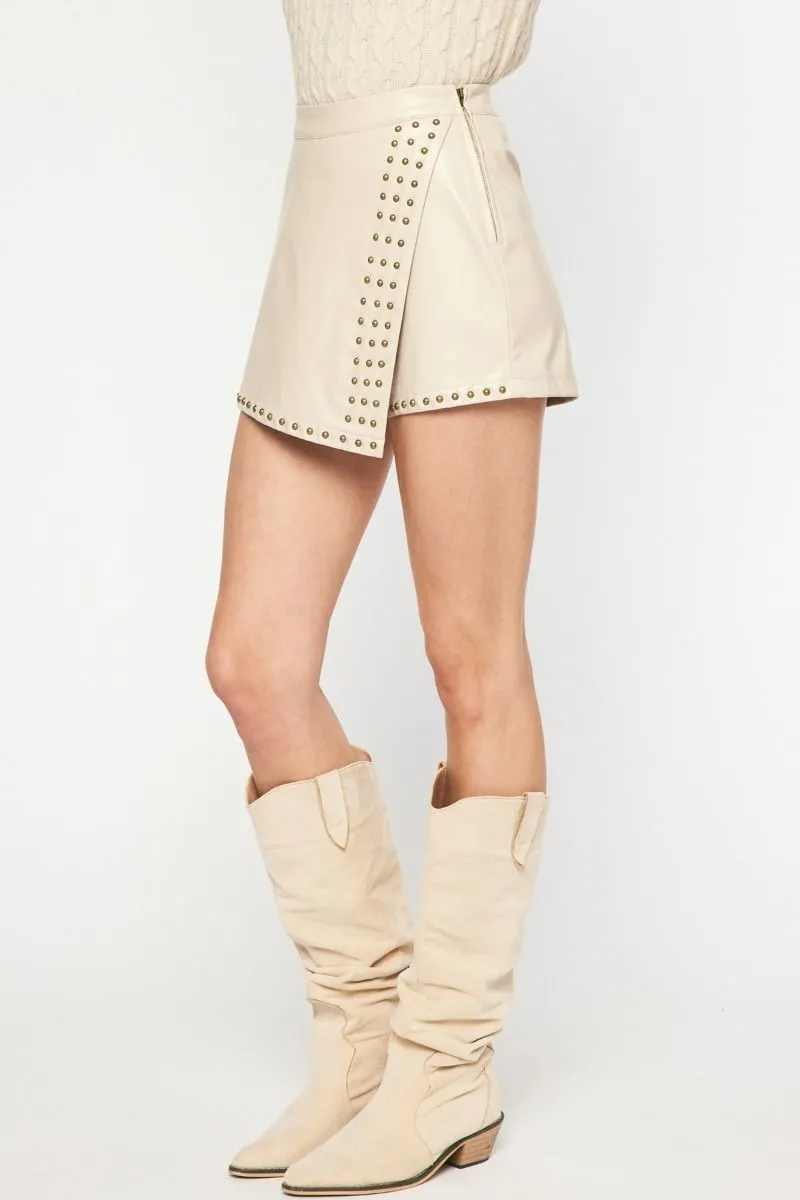 Studded Faux Leather Ecru Skort