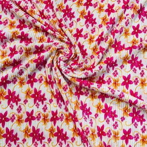 White With Pink Orange With Floral Pleated Knitted Satin Fabric
