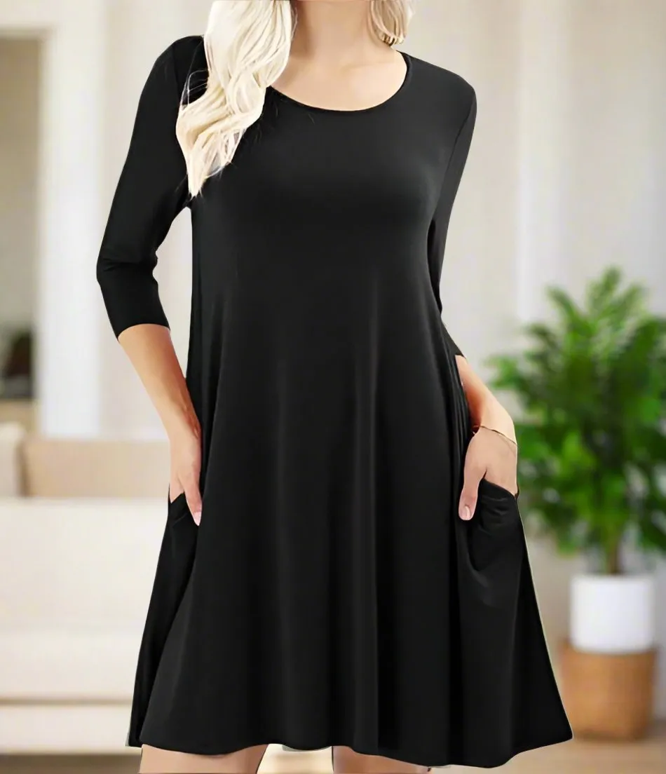 Womens Black Shift Dress, Casual 3/4 Sleeve Pocket Dress, Sizes S/M/L, Solid Black